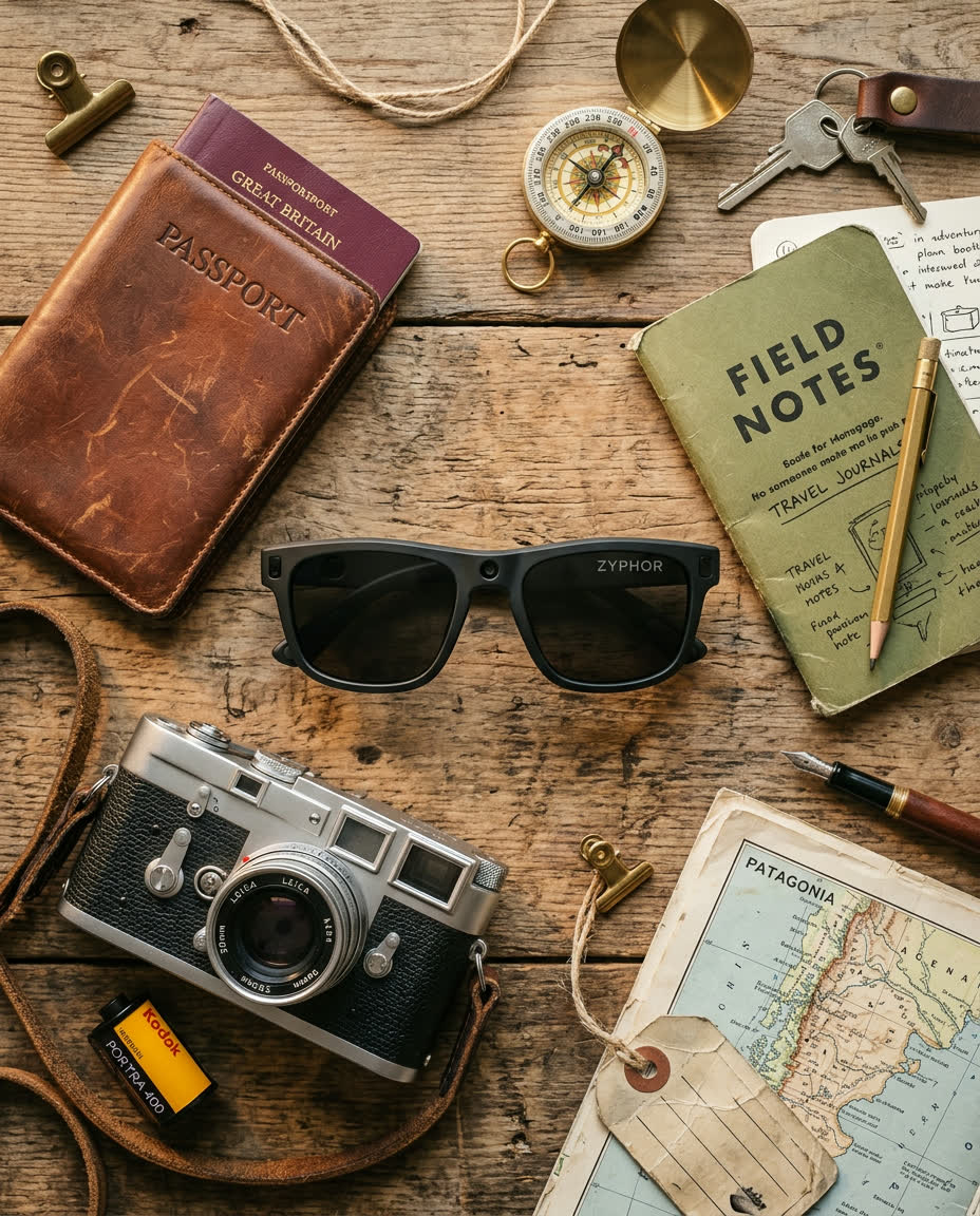 Zyphor flat-lay with travel gear